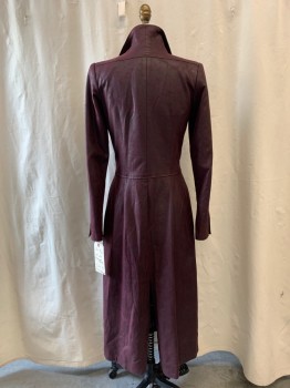 Womens, Sci-Fi/Fantasy Coat/Robe, BILL HARGATE, Plum Purple, Faux Leather, Solid, W 28, B 34, Button Front, Notched Lapel, Collar Attached, 2 Pockets, Black Leather Arm Stitching Detail, Side Slits