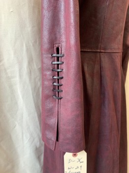Womens, Sci-Fi/Fantasy Coat/Robe, BILL HARGATE, Plum Purple, Faux Leather, Solid, W 28, B 34, Button Front, Notched Lapel, Collar Attached, 2 Pockets, Black Leather Arm Stitching Detail, Side Slits