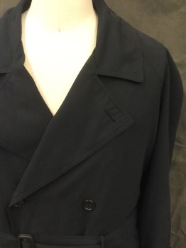 BILL BLASIO, Black, Polyester, Solid, Double Breasted, CA, Notched Lapel, 2 Pockets, Raglan L/S, Button Tab Cuff, Self Belt with Buckle, Belt Loops, Zip Detachable Lining, Vent Back, Center Back Vent