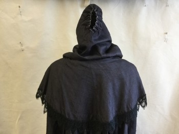 Womens, Historical Fiction Cape, MTO, Black, Silk, Solid, O/S, Self Caplet Over Shoulder and Open Top Hood with Zig-zag Black Lace Trim, 3" Black Lace Along Open Front and Hem with Rhine Stone/black Stone Closure