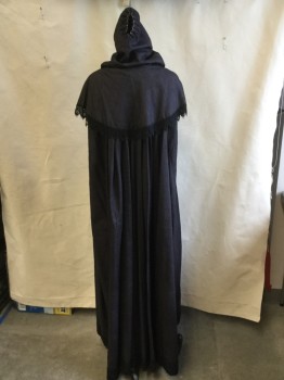 Womens, Historical Fiction Cape, MTO, Black, Silk, Solid, O/S, Self Caplet Over Shoulder and Open Top Hood with Zig-zag Black Lace Trim, 3" Black Lace Along Open Front and Hem with Rhine Stone/black Stone Closure