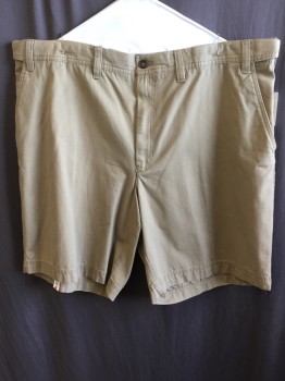 IZOD, Khaki Brown, Cotton, Solid, 1.5" Adjustable Waistband with Belt Hoops, Flat Front, Zip Front, 4 Pockets