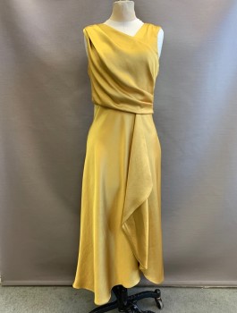 Womens, Cocktail Dress, TAYLOR, Mustard Yellow, Polyester, Solid, 4, Polyester Satin, Asymmetrical Neck, Sleeveless, Horizontal Pleats From Side Seam, Zip Back, A-line Skirt with Draped Panel Off Center Front, Rounded Hem