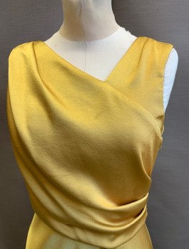 Womens, Cocktail Dress, TAYLOR, Mustard Yellow, Polyester, Solid, 4, Polyester Satin, Asymmetrical Neck, Sleeveless, Horizontal Pleats From Side Seam, Zip Back, A-line Skirt with Draped Panel Off Center Front, Rounded Hem