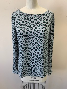 Womens, Top, COOPER & ELLA , Lt Gray, Black, Green, Polyester, Animal Print, XS, Leopard Print, Scoop Neck, Pullover, Long Sleeves, Cut Out Back, Open Back
