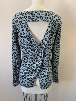 Womens, Top, COOPER & ELLA , Lt Gray, Black, Green, Polyester, Animal Print, XS, Leopard Print, Scoop Neck, Pullover, Long Sleeves, Cut Out Back, Open Back