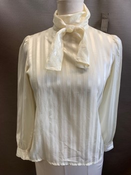 T.R. BENTLEY, Cream, Polyester, Stripes - Shadow, Pull Over, Button Back Neck, Long Sleeves, Button Cuffs, Collar with Wrap Around Scarf Tie