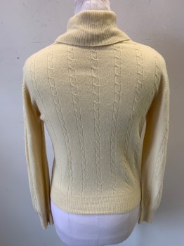 Womens, Sweater, HOLT RENFREW, Lt Yellow, Cashmere, Solid, Cable Knit, L, Long Sleeves, Turtleneck, Rib Knit Collar Cuffs and Waistband