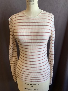 VINCE, Eggshell White, Brown, Wool, Stripes, Ribbed Knit, Round Neck, Long Sleeves