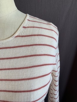 VINCE, Eggshell White, Brown, Wool, Stripes, Ribbed Knit, Round Neck, Long Sleeves
