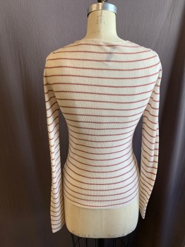 Womens, Pullover, VINCE, Eggshell White, Brown, Wool, Stripes, S, Ribbed Knit, Round Neck, Long Sleeves
