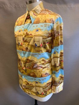Mens, Casual Shirt, CAMPUS, Multi-color, Brown, Lt Blue, Tan Brown, Polyester, Novelty Pattern, N:17.5, XL, Colonial 1700's Landscape Pattern with People in Carriages, American Flags, Etc, Long Sleeves, Button Front, Collar Attached, Bicentennial Patriotic Flair,