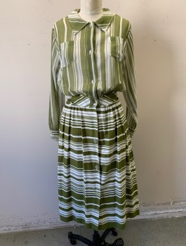 Womens, Dress, VASSARETTE, Olive Green, White, Poly/Cotton, Stripes, W:27, B:36, H:38, Long Sleeves, Shirtwaist, Collar Attached, 2 Patch Pockets at Bust, 2" Wide Self Waistband with Self Ties at Waist, Gathered Skirt, Knee Length,