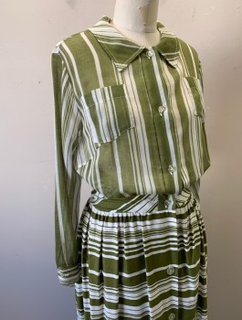 Womens, Dress, VASSARETTE, Olive Green, White, Poly/Cotton, Stripes, W:27, B:36, H:38, Long Sleeves, Shirtwaist, Collar Attached, 2 Patch Pockets at Bust, 2" Wide Self Waistband with Self Ties at Waist, Gathered Skirt, Knee Length,