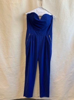 Womens, Jumpsuit, SHINESTAR, Royal Blue, Polyester, Spandex, Solid, L, Strapless, Sweetheart Neck, Zip Back with Elastic Hem, Pleated Pants, 2" Waistband, 2 Silver Zip Pockets, Padded Bra