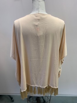 CHICO'S, Lt Beige, Multi-color, Polyester, Short Caftan Style, Tassels At Hem, Floral Embroidery,