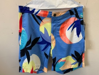 Mens, Swim Trunks, ONIA, Lt Blue, Lt Yellow, Multi-color, Polyester, Novelty Pattern, Abstract , W32, M, Zipper and Snap, Elastic Back, Abstract Palm Trees and Sun/Circles