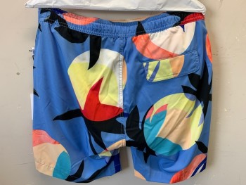 Mens, Swim Trunks, ONIA, Lt Blue, Lt Yellow, Multi-color, Polyester, Novelty Pattern, Abstract , W32, M, Zipper and Snap, Elastic Back, Abstract Palm Trees and Sun/Circles