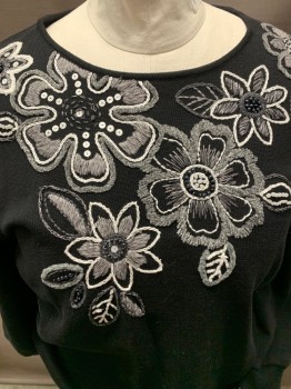 ALFRED DUNNER, Black, Gray, White, Cotton, Acrylic, Floral, Solid, Jewel Neck with Embroiderred Floral, 3/4 Sleeves, Ribbing at Waist and Cuffs