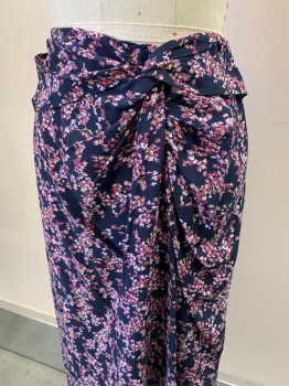 Rag + Bone, Navy Blue, Raspberry Pink, Off White, Yellow, Silk, Floral, Pleated with Side Knot, Back Zipper,