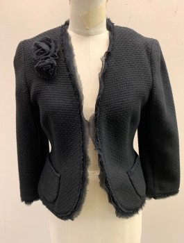 Womens, Blazer, BANANA REPUBLIC, Black, Cotton, Solid, Sz.8, Thick Woven Material, Open at Center Front, with No Closures, Raw Edge Chiffon Ruffle at Edges, Long Sleeves, Chiffon 3D Rosette at Right Shoulder, 2 Patch Pockets, Fitted