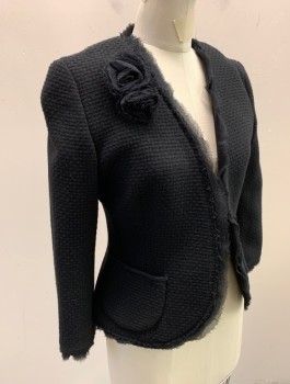 Womens, Blazer, BANANA REPUBLIC, Black, Cotton, Solid, Sz.8, Thick Woven Material, Open at Center Front, with No Closures, Raw Edge Chiffon Ruffle at Edges, Long Sleeves, Chiffon 3D Rosette at Right Shoulder, 2 Patch Pockets, Fitted