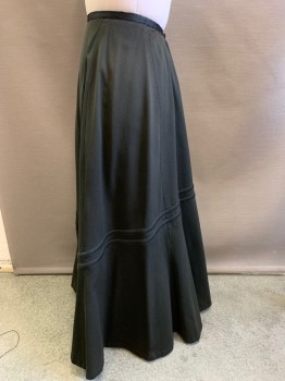 Womens, Skirt 1890s-1910s, MTO, Black, Wool, Solid, W26, DARK Green Undertone, Top Stitch 2 Bands That Make #, Grosgrain Waistband, Hook & Bar, Has Light Scarring in on the Surface of the Fabric,