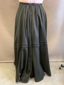 Womens, Skirt 1890s-1910s, MTO, Black, Wool, Solid, W26, DARK Green Undertone, Top Stitch 2 Bands That Make #, Grosgrain Waistband, Hook & Bar, Has Light Scarring in on the Surface of the Fabric,