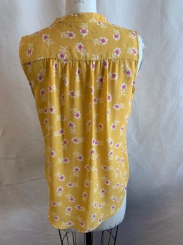 VINCE CAMUTO, Yellow, Fuchsia Pink, Off White, Polyester, Floral, V-neck, Sleeveless, Gathered Shoulders and Back Yoke