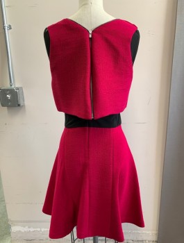 Womens, Dress, Sleeveless, MAJE, Magenta Pink, Black, Viscose, Polyester, Solid, S, Attached Over Top, Sheer Mesh Under Top, Above Knee Length, 2 Zippers at Center Back, Jewel Neckline, Racer Back, A-Line