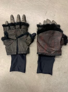 Unisex, Sci-Fi/Fantasy Gloves, MTO, Black, Gray, Red, Dk Brown, Leather, Faux Fur, Solid, O/S, Padded 4 Gray Fingers on Each Glove, Black Thumbs Black Faux Fur Trim on Fingertips, Dark Brown Distressed Leather, Velcro Closure, Black Spandex Glove Attached to Inside,