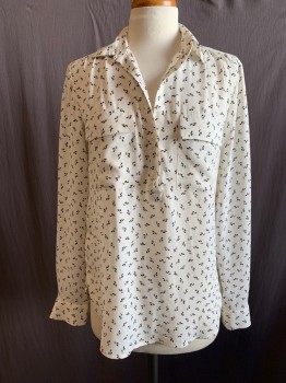 ANN TAYLOR, Off White, Navy Blue, Brown, Polyester, Abstract , 1/2 Button Placket Front, Collar Attached, 2 Flap Pockets, Long Sleeves, Button Cuff