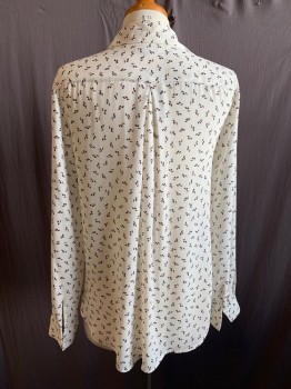 ANN TAYLOR, Off White, Navy Blue, Brown, Polyester, Abstract , 1/2 Button Placket Front, Collar Attached, 2 Flap Pockets, Long Sleeves, Button Cuff