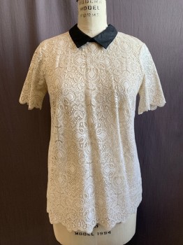 MADEWELL, Antique White, Cotton, Nylon, Solid, Lace with Swirling Pattern, Black Satin Contrast Collar Attached, Short Sleeves, Scalloped Hem, Keyhole Back