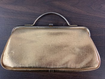 Womens, Purse, JR, Gold, Faux Leather, Solid, Textured Fabric, NS, Top Handle Clutch, Gold Metal Handle and Clasp, Attached Clear Vinyl Coin Purse