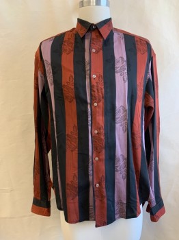 STEPHEN KING, Brick Red, Black, Lt Pink, Viscose, Cotton, Stripes, Floral, C.A., Button Front, L/S, 1 Button Cuffs, Stripe and Rose Pattern