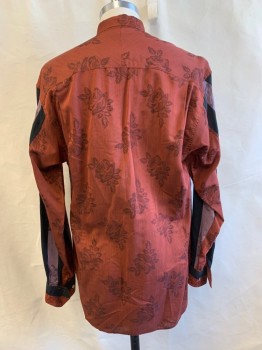 Mens, Casual Shirt, STEPHEN KING, Brick Red, Black, Lt Pink, Viscose, Cotton, Stripes, Floral, S, C.A., Button Front, L/S, 1 Button Cuffs, Stripe and Rose Pattern