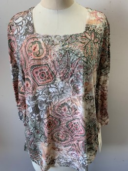 ALFRED DUNNER, White, Olive Green, Lt Peach, Tan Brown, Brown, Polyester, Abstract , Floral, Pullover, Squared Neck,3/4 Sleeve,  Lace Inset Panel Center Front,  Gold Rhinestone Embellished