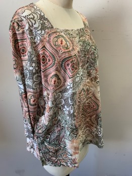 ALFRED DUNNER, White, Olive Green, Lt Peach, Tan Brown, Brown, Polyester, Abstract , Floral, Pullover, Squared Neck,3/4 Sleeve,  Lace Inset Panel Center Front,  Gold Rhinestone Embellished