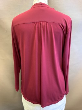 ALFANI, Maroon Red, Polyester, Spandex, Solid, Pullover, V-neck, Sheer Overlay Drapes Over Front Starting at Shoulders, Long Sleeves