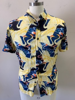 Mens, Hawaiian Shirt, TOPMAN, Yellow, Blue, Navy Blue, Rust Orange, Viscose, Tropical , M, Short Sleeves, Button Front, 7 Buttons, Crane and Cloud Print