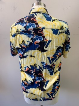 Mens, Hawaiian Shirt, TOPMAN, Yellow, Blue, Navy Blue, Rust Orange, Viscose, Tropical , M, Short Sleeves, Button Front, 7 Buttons, Crane and Cloud Print