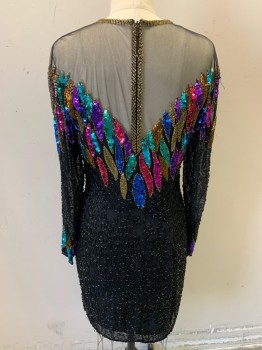 NITE LINE, Black, Multi-color, Silk, Rayon, Solid, L/S, Illusion V Neck with Sheer Black Net, Bugle Beading and Sequins, Below Knee Length, Padded Bust, Back Zipper