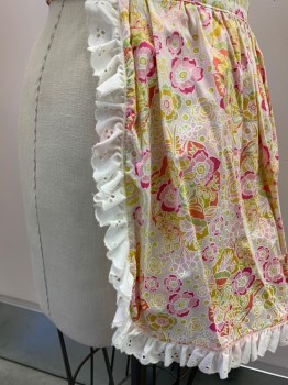 Womens, Apron , NL, Pink, Lt Pink, White, Yellow, Multi-color, Cotton, Floral, OS, Flounce Trim, Large Tie Back **Pink Discoloration At Hem
