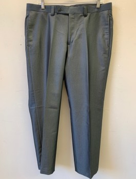 CALVIN KLEIN, Blue-Gray, Polyester, Rayon, Herringbone, F.F, Button Tab, Straight Side Pockets