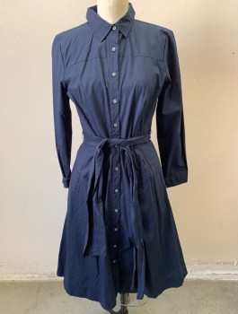 J CREW, Navy Blue, Cotton, Solid, Long Sleeves, Button Front, Collar Attached, Shirtwaist, 1" Wide Self Waistband, A-Line, **With Matching Self Belt