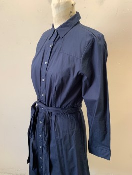 J CREW, Navy Blue, Cotton, Solid, Long Sleeves, Button Front, Collar Attached, Shirtwaist, 1" Wide Self Waistband, A-Line, **With Matching Self Belt