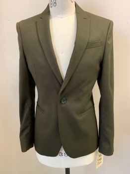 ZARA, Olive Green, Cotton, Solid, Single Breasted, 1 Button, Peaked Lapel, 3 Faux Pockets