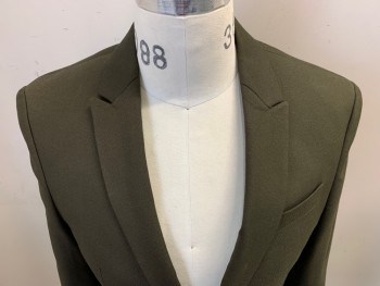 ZARA, Olive Green, Cotton, Solid, Single Breasted, 1 Button, Peaked Lapel, 3 Faux Pockets