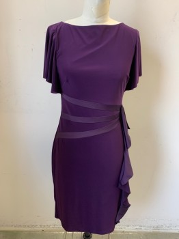 AMERICAN LIVING, Purple, Polyester, Solid, Knit, 3 Bias Satin Lines at Waist, Pullover, Flutter Short Sleeves, Circular Ruffle on Left Side